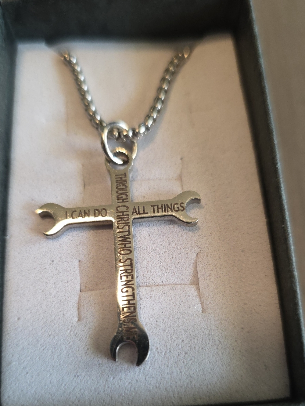Silver Wrench Cross Pendant Necklace - Inspirational Engraving